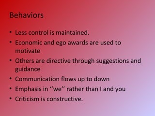 Behaviors
• Less control is maintained.
• Economic and ego awards are used to
motivate
• Others are directive through suggestions and
guidance
• Communication flows up to down
• Emphasis in ‘’we’’ rather than I and you
• Criticism is constructive.
 