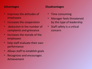 Advantages
• improves the attitudes of
employees
• increases the cooperation
• deduction in the number of
complaints and grievance
• Increases the morale of the
employees
• help staff evaluate their own
performance
• Allows staff to establish goals
• Recognizes and encourages
Achievement
Disadvantages
• Time consuming
• Manager feels threatened
by this type of leadership
• Staff safety is a critical
concern
 
