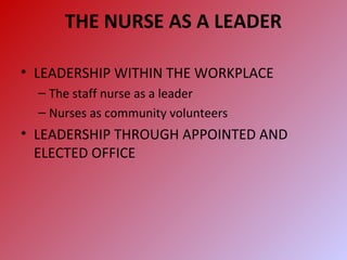 THE NURSE AS A LEADER
• LEADERSHIP WITHIN THE WORKPLACE
– The staff nurse as a leader
– Nurses as community volunteers
• LEADERSHIP THROUGH APPOINTED AND
ELECTED OFFICE
 
