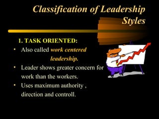 Classification of Leadership
Styles
1. TASK ORIENTED:
• Also called work centered
leadership.
• Leader shows greater concern for
work than the workers.
• Uses maximum authority ,
direction and controll.
 