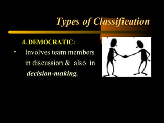 Types of Classification
4. DEMOCRATIC:
• Involves team members
in discussion & also in
decision-making.
 