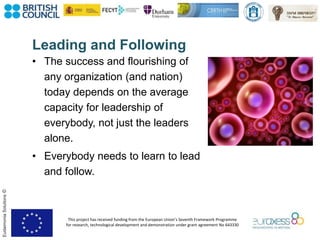 This project has received funding from the European Union’s Seventh Framework Programme
for research, technological development and demonstration under grant agreement No 643330
EudaimoniaSolutions©
Leading and Following
• The success and flourishing of
any organization (and nation)
today depends on the average
capacity for leadership of
everybody, not just the leaders
alone.
• Everybody needs to learn to lead
and follow.
 