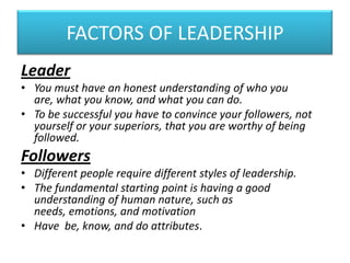 FACTORS OF LEADERSHIP
Leader
• You must have an honest understanding of who you
are, what you know, and what you can do.
• To be successful you have to convince your followers, not
yourself or your superiors, that you are worthy of being
followed.
Followers
• Different people require different styles of leadership.
• The fundamental starting point is having a good
understanding of human nature, such as
needs, emotions, and motivation
• Have be, know, and do attributes.
 