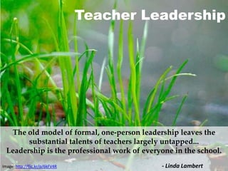 Teacher Leadership




   The old model of formal, one-person leadership leaves the
        substantial talents of teachers largely untapped...
  Leadership is the professional work of everyone in the school.
Image: http://flic.kr/p/6kFV4R                - Linda Lambert
 