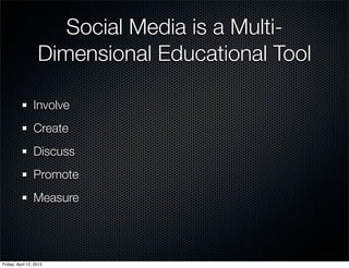Social Media is a Multi-
                   Dimensional Educational Tool

                 Involve
                 Create
                 Discuss
                 Promote
                 Measure




Friday, April 12, 2013
 