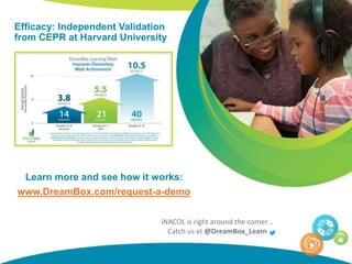 iNACOL is right around the corner…
Catch us at @DreamBox_Learn
Learn more and see how it works:
www.DreamBox.com/request-a-demo
Efficacy: Independent Validation
from CEPR at Harvard University
 