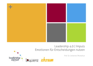 +
Leadership 4.0 | Impuls
Emotionen für Entscheidungen nutzen
Prof. Dr. Johannes Moskaliuk
 