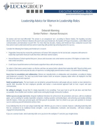 www.lucasgroup.com
EXECUTIVE INSIGHTS - BLOG
www.careeradvice.lucasgroup.com
Do women and men lead differently? The answer...