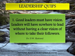 LEADERSHIP QUIPS
1. Good leaders must have vision.
Leaders will have nowhere to lead
without having a clear vision of
where to take their followers.
Dr. D.W. Ekstrand
@linkedIn Joao Tiago Ilunga @twitter Joao Tiago Ilunga
Push Yourself . Because no one else is going to do it for You.
 