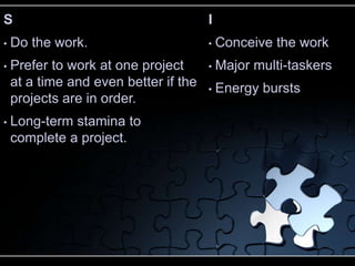 S                                      I
•   Do the work.                       •   Conceive the work
•   Prefer to work at one project      •   Major multi-taskers
    at a time and even better if the   •   Energy bursts
    projects are in order.
•   Long-term stamina to
    complete a project.
 