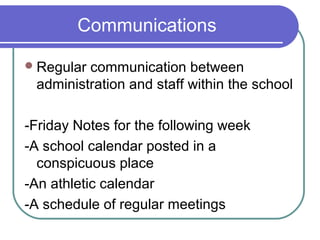 Communications

 Regularcommunication between
 administration and staff within the school

-Friday Notes for the following week
-A school calendar posted in a
  conspicuous place
-An athletic calendar
-A schedule of regular meetings
 
