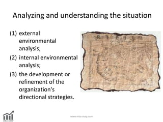 Analyzing and understanding the situation
(1) external
environmental
analysis;
(2) internal environmental
analysis;
(3) th...