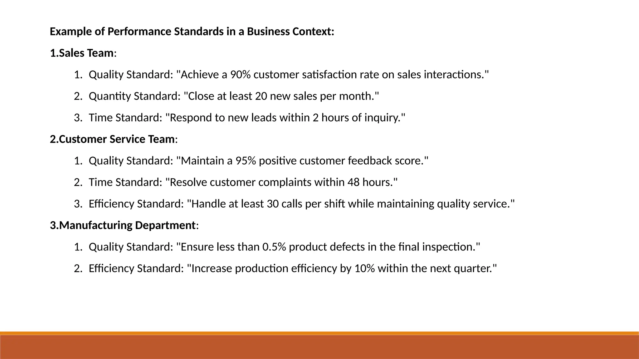 Example of Performance Standards in a Business Context:
1.Sales Team:
1. Quality Standard: "Achieve a 90% customer satisfaction rate on sales interactions."
2. Quantity Standard: "Close at least 20 new sales per month."
3. Time Standard: "Respond to new leads within 2 hours of inquiry."
2.Customer Service Team:
1. Quality Standard: "Maintain a 95% positive customer feedback score."
2. Time Standard: "Resolve customer complaints within 48 hours."
3. Efficiency Standard: "Handle at least 30 calls per shift while maintaining quality service."
3.Manufacturing Department:
1. Quality Standard: "Ensure less than 0.5% product defects in the final inspection."
2. Efficiency Standard: "Increase production efficiency by 10% within the next quarter."
 