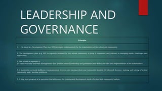 LEADERSHIP AND
GOVERNANCE
Principle
1. In place is a Development Plan (e.g. SIP) developed collaboratively by the stakeholders of the school and community.
2. The development plan (e.g. SIP) is regularly reviewed by the school community to keep it responsive and relevant to emerging needs, challenges and
opportunity.
3. The school is organized b
y a clear structure and work arrangements that promote shared leadership and governance and define the roles and responsibilities of the stakeholders.
4. A leadership network facilitates communication between and among school and community leaders for informed decision- making and solving of school
community wide- learning problems.
5. A long term program is in operation that addresses the training and development needs of school and community leaders.
 