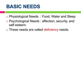 BASIC NEEDS
 Physiological Needs : Food, Water and Sleep
 Psychological Needs : affection, security, and
self esteem.
 These needs are called deficiency needs.
 