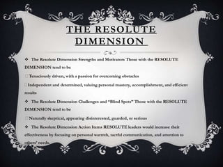 THE RESOLUTE
DIMENSION
 The Resolute Dimension Strengths and Motivators Those with the RESOLUTE
DIMENSION tend to be
Tenaciously driven, with a passion for overcoming obstacles
Independent and determined, valuing personal mastery, accomplishment, and efficient
results
 The Resolute Dimension Challenges and “Blind Spots” Those with the RESOLUTE
DIMENSION tend to be
Naturally skeptical, appearing disinterested, guarded, or serious
 The Resolute Dimension Action Items RESOLUTE leaders would increase their
effectiveness by focusing on personal warmth, tactful communication, and attention to
others’ needs.
 