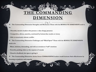 THE COMMANDING
DIMENSION
 The Commanding Dimension Strengths and Motivators Those with the RESOLUTE DIMENSION tend to
be
Powerful, decisive leaders who possess a take-charge presence
Competitive, driven, assertive, motivated by bottom-line results or victory
Able to tenaciously tolerate conflict
 The Commanding Dimension Challenges and “Blind Spots” Those with the RESOLUTE DIMENSION
tend to be
Blunt, insistent, demanding, and with an aversion to “soft” emotions
Forceful, pushing others at the expanse of morale
Closed to feedback, but open to giving it
 The Commanding Dimension Action Items COMMANDING leaders would increase their effectiveness by
focusing on patience and empathy
 