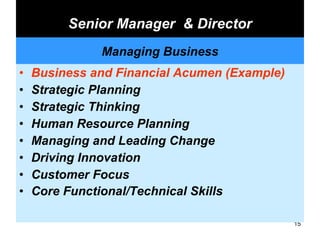 Senior Manager  & Director Business and Financial Acumen (Example) Strategic Planning Strategic Thinking Human Resource Planning Managing and Leading Change Driving Innovation Customer Focus Core Functional/Technical Skills   Managing Business 