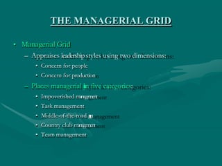THE MANAGERIAL GRID
• Managerial Grid
– Appraises leadershipstyles using two dimensions:
• Concern for people
• Concern fo...
