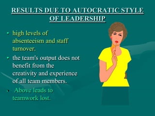 RESULTS DUE TO AUTOCRATIC STYLE
OF LEADERSHIP
• high levels of
absenteeism and staff
turnover.
• the team's output does no...