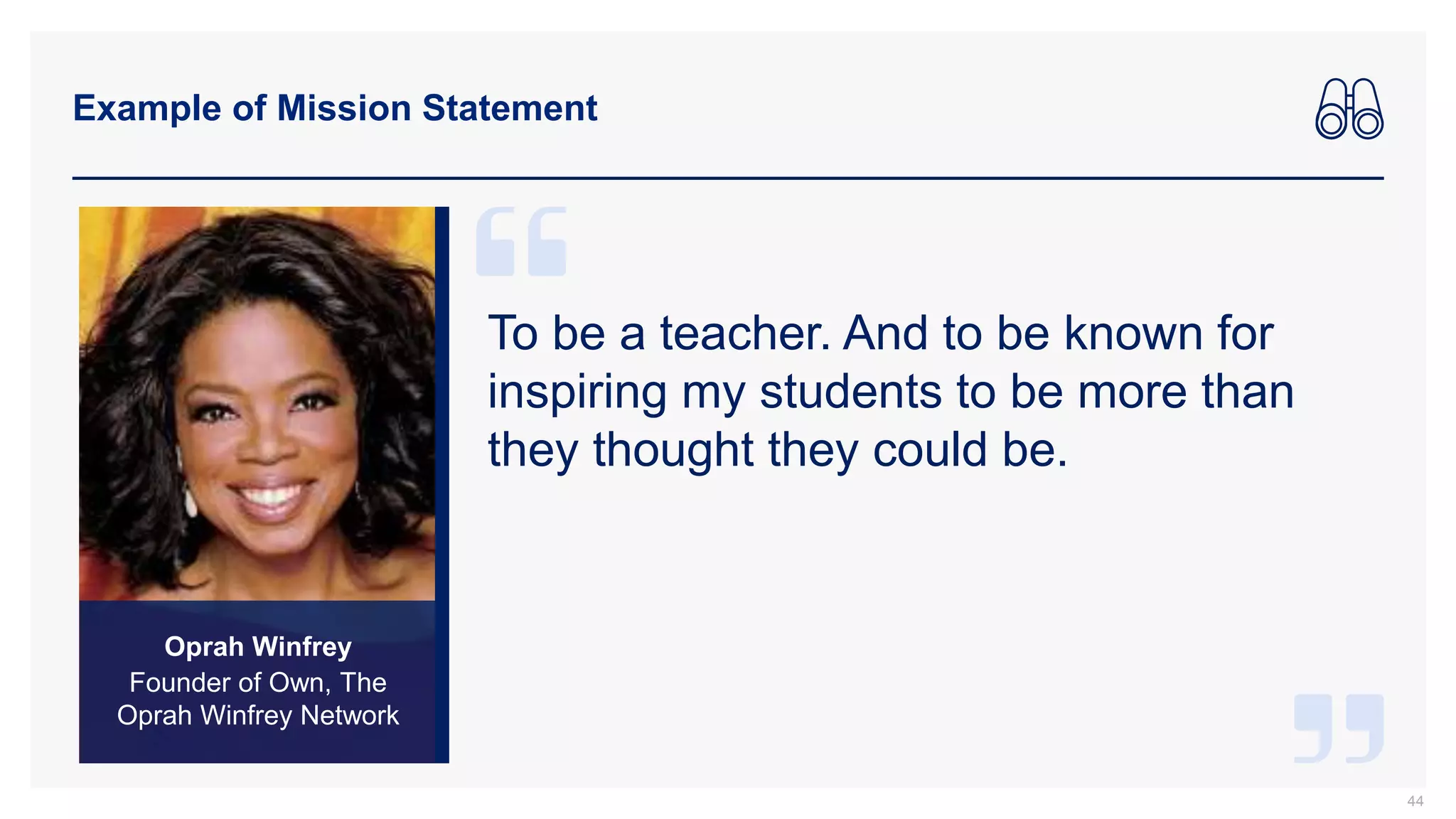 Example of Mission Statement
44
Oprah Winfrey
Founder of Own, The
Oprah Winfrey Network
To be a teacher. And to be known for
inspiring my students to be more than
they thought they could be.
 