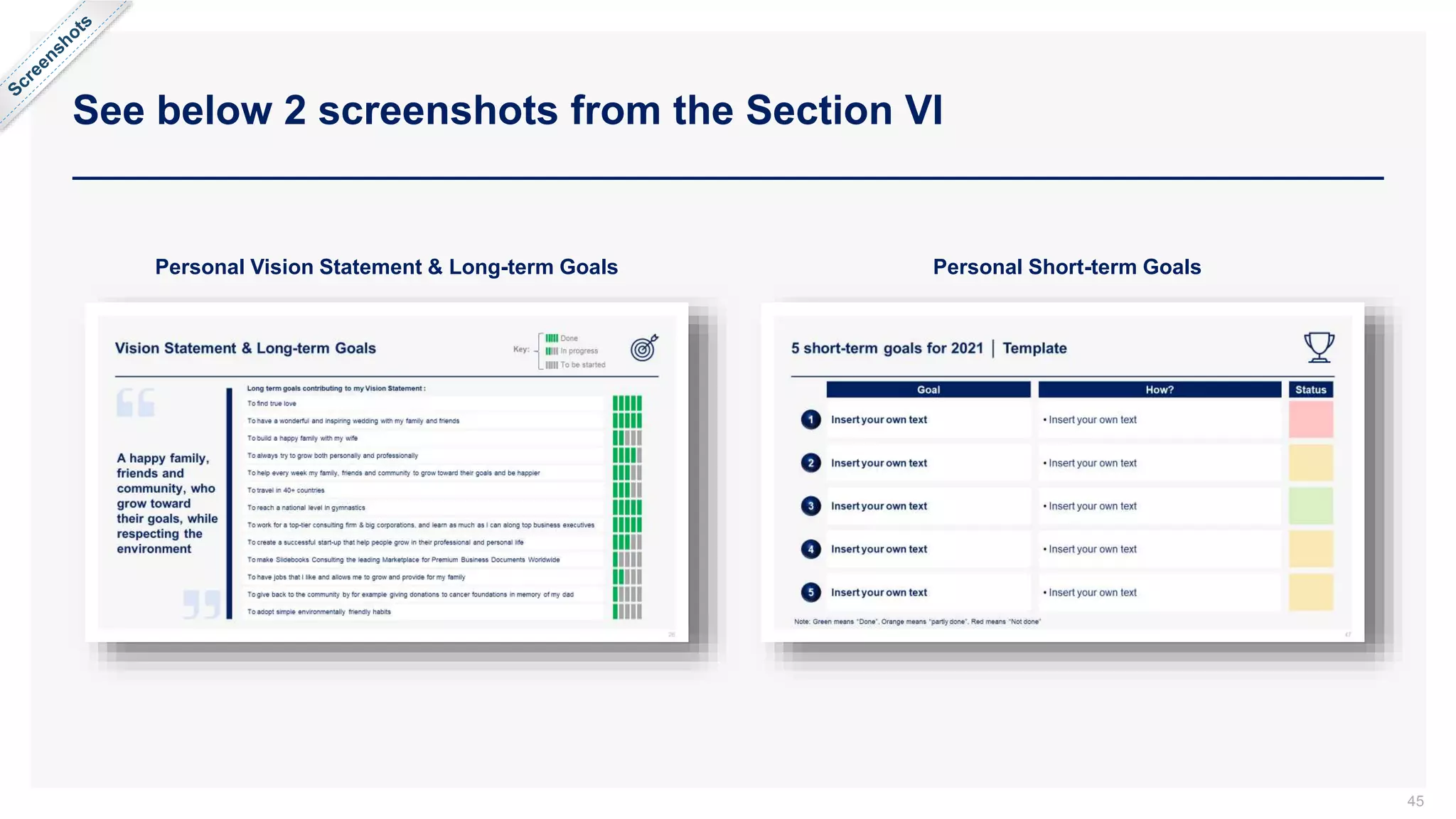 See below 2 screenshots from the Section VI
45
Personal Vision Statement & Long-term Goals Personal Short-term Goals
 