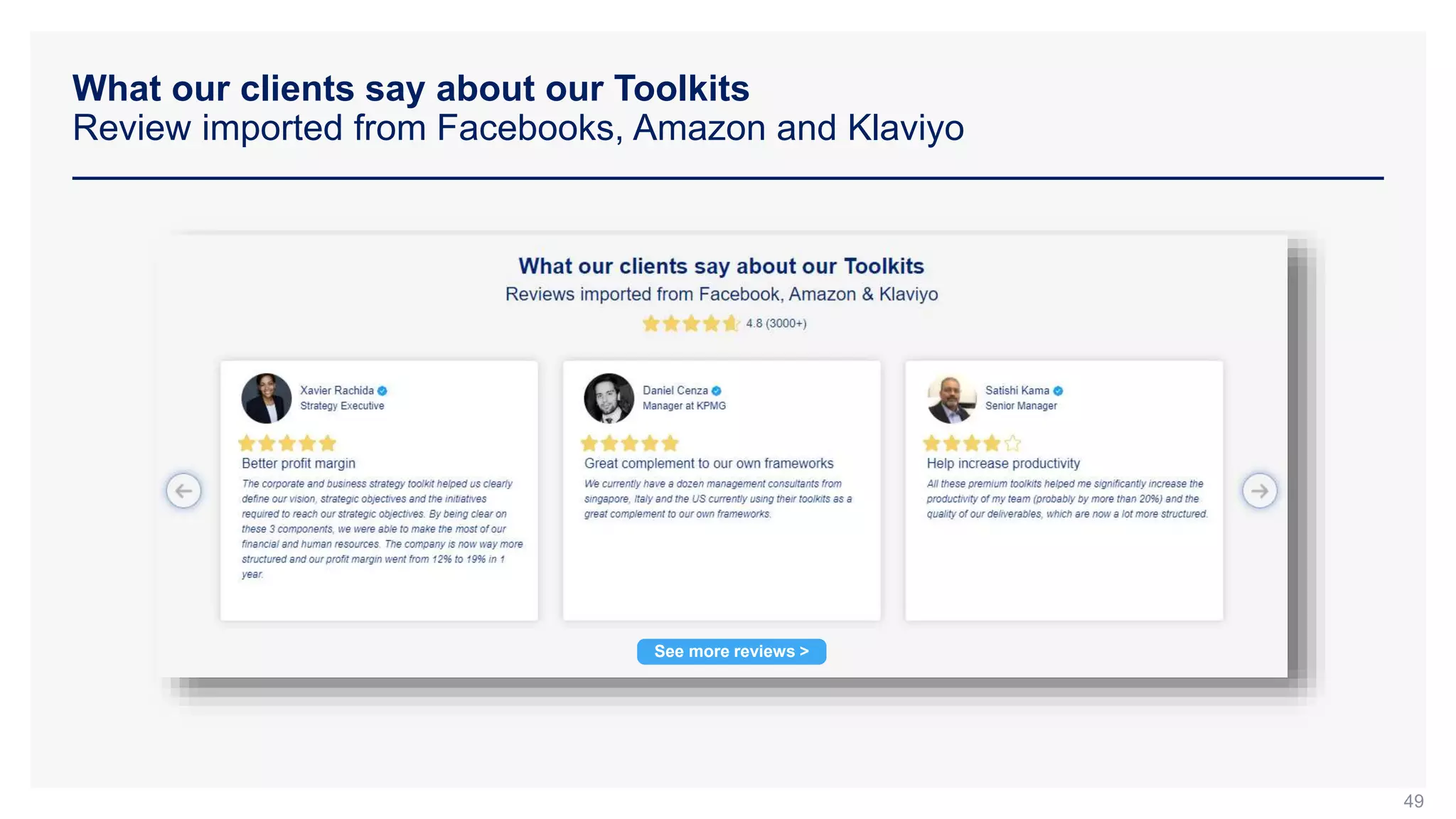 What our clients say about our Toolkits
Review imported from Facebooks, Amazon and Klaviyo
49
See more reviews >
 