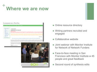 +
    Where we are now


                          Online resource directory

                          Writing partners recruited and
                           engaged

                          Collaborative website

                          Joint webinar with Monitor Institute
                           for Network of Network Funders

                          Face-to-face meeting in San
                           Francisco with Monitor Institute w 45
                           people and great feedback

                          Second round of synthesis edits
 