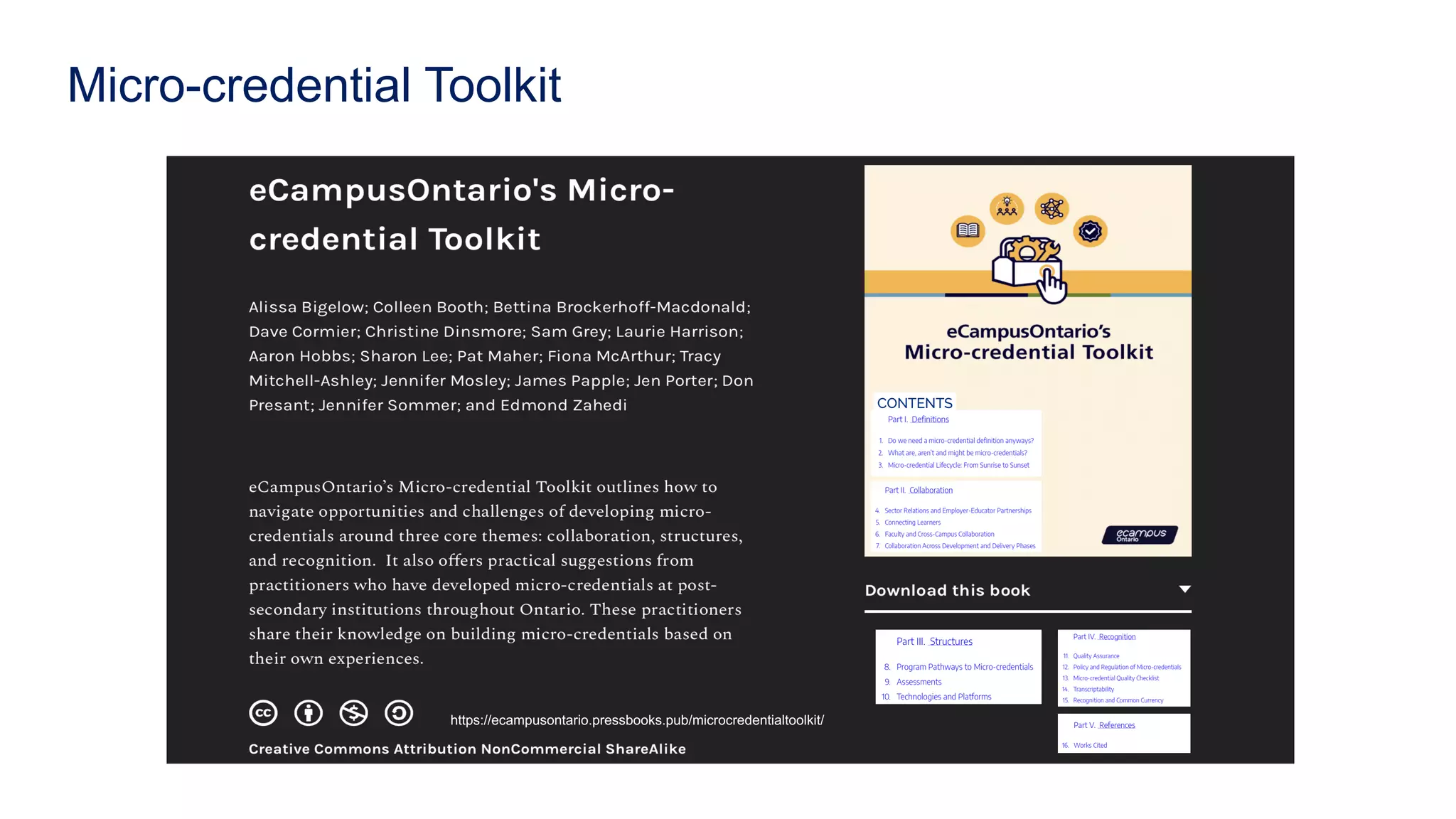 https://ecampusontario.pressbooks.pub/microcredentialtoolkit/
Micro-credential Toolkit
 