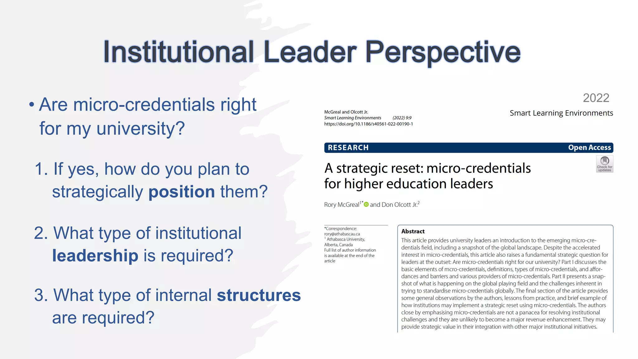 • Are micro-credentials right
for my university?
2. What type of institutional
leadership is required?
1. If yes, how do you plan to
strategically position them?
2022
3. What type of internal structures
are required?
 