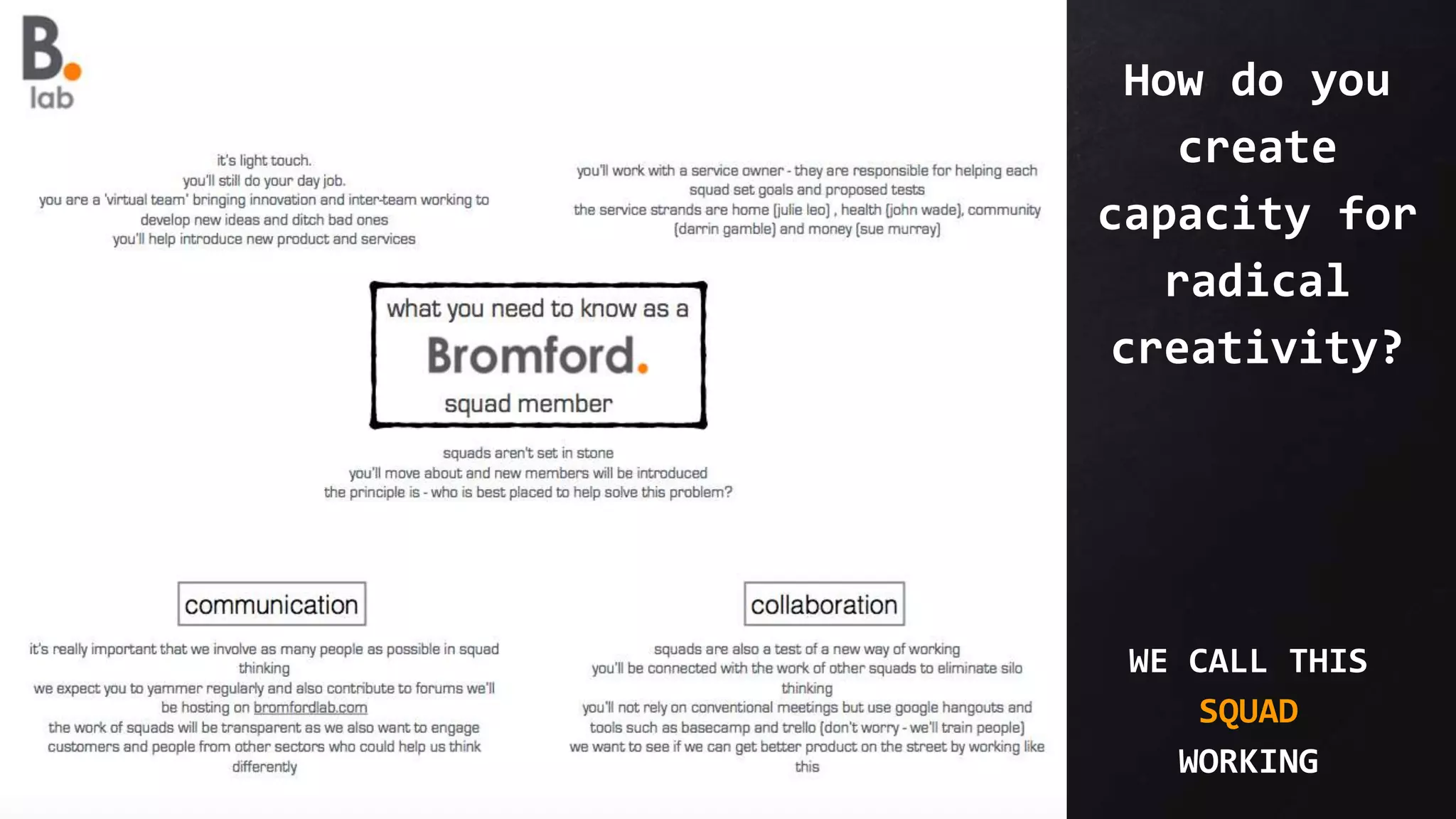 How do you
create
capacity for
radical
creativity?
WE CALL THIS
SQUAD
WORKING
 