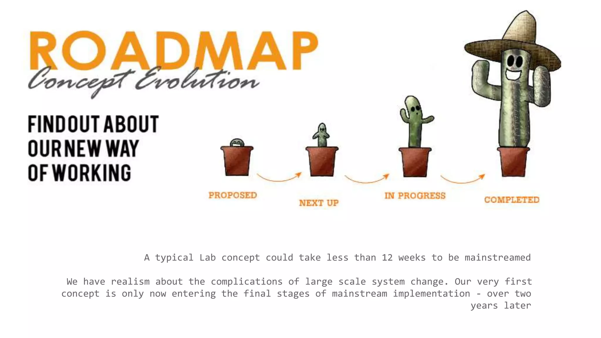 A typical Lab concept could take less than 12 weeks to be mainstreamed
We have realism about the complications of large scale system change. Our very first
concept is only now entering the final stages of mainstream implementation - over two
years later
 