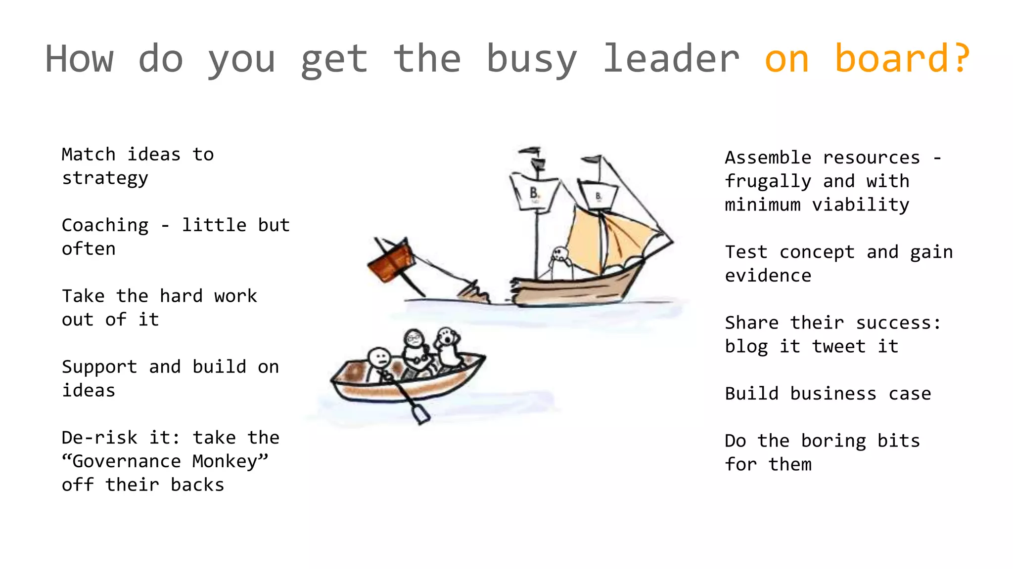 How do you get the busy leader on board?
Match ideas to
strategy
Coaching - little but
often
Take the hard work
out of it
Support and build on
ideas
De-risk it: take the
“Governance Monkey”
off their backs
Assemble resources -
frugally and with
minimum viability
Test concept and gain
evidence
Share their success:
blog it tweet it
Build business case
Do the boring bits
for them
 