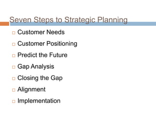 Seven Steps to Strategic Planning
 Customer Needs
 Customer Positioning
 Predict the Future
 Gap Analysis
 Closing the Gap
 Alignment
 Implementation
 