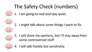 The Safety Check (numbers)
1. I am going to nod and stay quiet.
2. I might talk about some things I want to fix.
3. I will share my opinions, but I’ll stay away from
some controversial stuff.
4. I will talk frankly but sensitively.
 