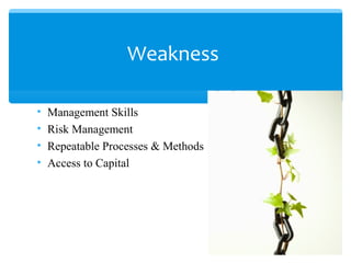 • Management Skills
• Risk Management
• Repeatable Processes & Methods
• Access to Capital
Weakness