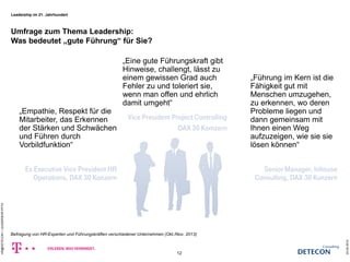 23.04.2014 
HR@DETECON + LEADERSHIP.PPTX 
12 
Umfrage zum Thema Leadership: 
Was bedeutet „gute Führung“ für Sie? 
„Empathie, Respekt für die 
Mitarbeiter, das Erkennen 
der Stärken und Schwächen 
und Führen durch 
Vorbildfunktion― 
Ex Executive Vice President HR 
Operations, DAX 30 Konzern 
„Führung im Kern ist die 
Fähigkeit gut mit 
Menschen umzugehen, 
zu erkennen, wo deren 
Probleme liegen und 
dann gemeinsam mit 
Ihnen einen Weg 
aufzuzeigen, wie sie sie 
lösen können― 
Senior Manager, Inhouse 
Consulting, DAX 30 Konzern 
„Eine gute Führungskraft gibt 
Hinweise, challengt, lässt zu 
einem gewissen Grad auch 
Fehler zu und toleriert sie, 
wenn man offen und ehrlich 
damit umgeht― 
Vice President Project Controlling 
DAX 30 Komzern 
Leadership im 21. Jahrhundert 
Befragung von HR-Experten und Führungskräften verschiedener Unternehmen (Okt./Nov. 2013) 
 