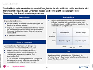 Das im Unternehmen vorherrschende Energielevel ist ein Indikator dafür, wie leicht sich 
Transformationsvorhaben umsetzen lassen und ermöglicht eine zielgerichtete 
Steuerung des Transformationsprozesses. 
© Detecon 
– 19 – 
HR@DETECON + LEADERSHIP.PPTX 
 Organisationale Energie wird in zwei Dimensionen 
unterteilt: Intensität und Qualität der Energie. Die 
Kombination dieser zwei Dimensionen resultiert in vier 
verschiedenen Energie-Leveln. 
Leader sollten die Organisationale Energie des 
Unternehmens messen und beeinflussen, weil… 
 sie stark mit dem Erfolg zusammen hängt. 
 sie den momentanen Status der Energie im 
Unternehmen reflektiert und flexibel, nicht 
gleichbleibend ist. 
 Das bedeutet, dass Organisationale Energie sich 
schneller verändert als die Unternehmenskultur, 
sodass Leader sie aktiv verändern können. 
Beschreibung 
Organisationale Energie… 
 umfasst die Kraft, Ausdauer und Geschwindigkeit mit 
der die Unternehmen arbeiten. 
 zeigt an, in welchem Ausmaß das emotionale, mentale 
und verhaltensbezogene Potenzial der Mitarbeiter zur 
Erreichung der übergeordneten Unternehmensziele 
mobilisiert ist. 
 ist mess- und beeinflussbar. 
Bezug zu Leadership 
Energie-Matrix 
Fazit 
Leadership ist ein entscheidender Erfolgsfaktor für 
„Positive Energy―. Gute Leader schaffen eine Identität und 
sorgen für „Corporate Pride― 
Leadership im 21. Jahrhundert 
 