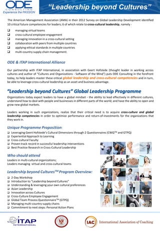 “Leadership beyond Cultures”
The American Management Association (AMA) in their 2012 Survey on Global Leadership Development identified
10 critical future competencies for leaders; 6 of which relate to cross-cultural leadership, namely -
 managing virtual teams
 cross-cultural employee engagement
 managing innovation in a cross-cultural setting
 collaboration with peers from multiple countries
 applying ethical standards in multiple countries
 multi-country supply chain management.
ODE & ITAP International Alliance
Our partnership with ITAP International, in association with Geert Hofstede (thought leader in working across
cultures and author of “Cultures and Organizations - Software of the Mind”) puts ODE Consulting in the forefront
today, to help leaders master these critical global leadership and cross-cultural competencies and in turn,
be able to leverage cross-cultural leadership as an asset and business advantage.
Organizations today expect leaders to have a global mindset - the ability to lead effectively in different cultures,
understand how to deal with people and businesses in different parts of the world; and have the ability to open and
grow new global markets.
Leaders working in such organizations, realize that their critical need is to acquire cross-culture and global
leadership competencies in order to optimize performance and return-of-investments for the organizations that
they work in.
Unique Programme Proposition:
 Leveraging Geert Hofstede’s Cultural Dimensions through 2 Questionnaires (CWQTM and GTPQ)
 Experiential Approach to Learning
 Cross-cultural Faculty
 Proven track record in successful leadership interventions
 Best Practice Research in Cross-Cultural Leadership
Who should attend
Leaders in multi-cultural organizations;
Leaders managing virtual and cross-cultural teams
Leadership beyond CulturesTM Program Overview:
 2-Day Workshop
 Introduction to “Leadership beyond Cultures”
 Understanding & leveraging your own cultural preferences
 Asian Leadership
 Innovation across Cultures
 Cross-Culture Employee Engagement
 Global Team Process QuestionnaireTM (GTPQ)
 Managing multi-country supply chains
 Commitment to next steps: Personal Action Plans
“Leadership beyond Cultures” Global Leadership Programme
 