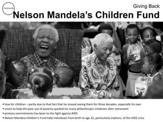 Giving Back
Nelson Mandela’s Children Fund
 love for children – partly due to that fact that he missed seeing them for three decades, especially his own
 vision to help the poor out of poverty sparked his many philanthropic initiatives after retirement
 primary commitments has been to the fight against AIDS
 Nelson Mandela Children's Fund help individuals from birth to age 22, particularly orphans, of the AIDS crisis
Community
 