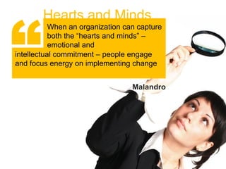 “
        Hearts and Minds
           When an organization can capture
           both the “hearts and minds” –
        Hearts and Minds
           emotional and
intellectual commitment – people engage
and focus energy on implementing change


                                  Malandro
 