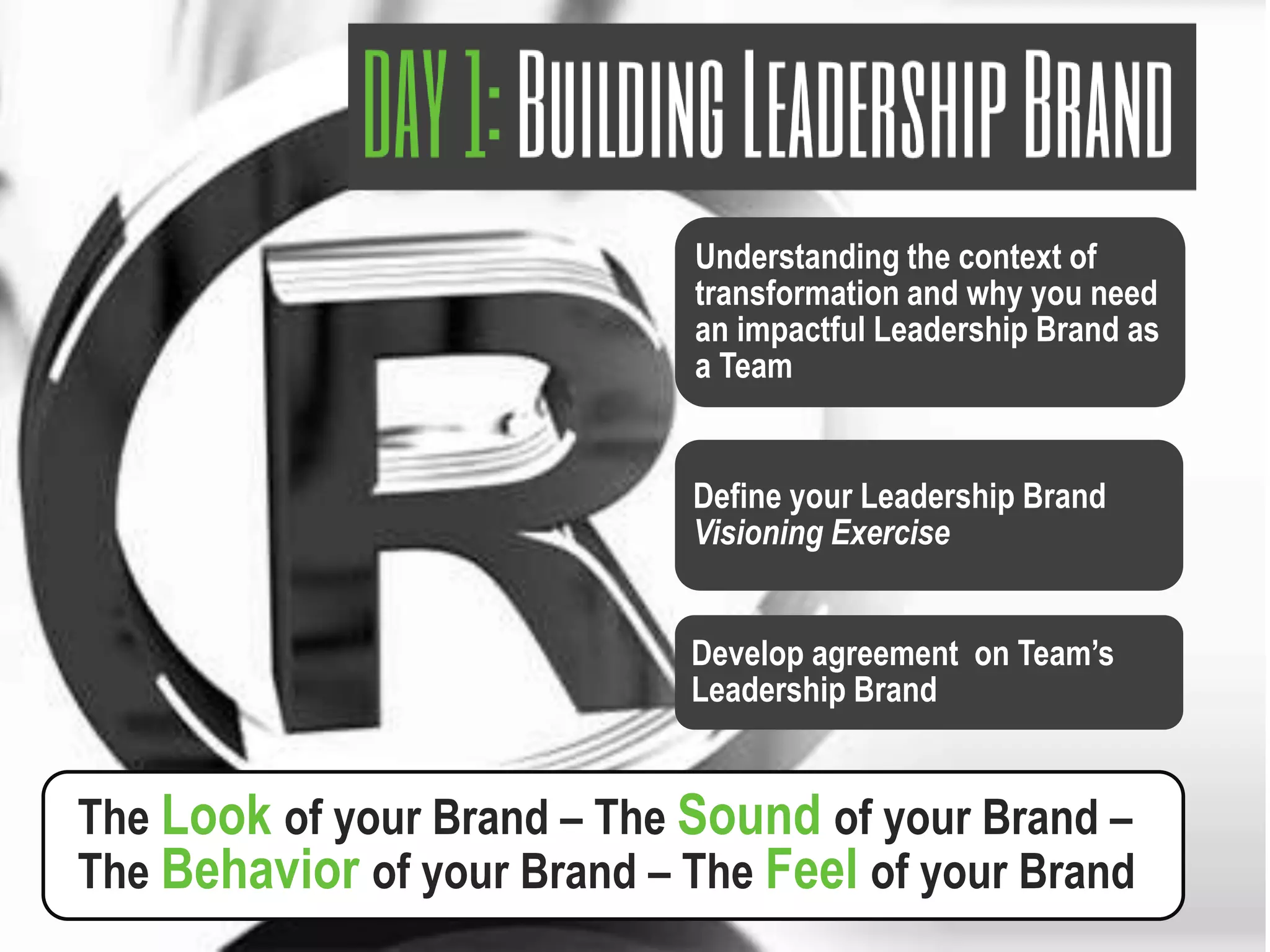 Understanding the context of
transformation and why you need
an impactful Leadership Brand as
a Team
Define your Leadership Brand
Visioning Exercise
Develop agreement on Team’s
Leadership Brand
The Look of your Brand – The Sound of your Brand –
The Behavior of your Brand – The Feel of your Brand
 