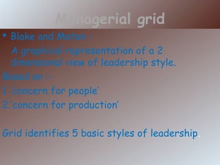 Managerial grid
 Blake and Moton -
A graphical representation of a 2
dimensional view of leadership style.
Based on :-
1.‘concern for people’
2.‘concern for production’
Grid identifies 5 basic styles of leadership.
 