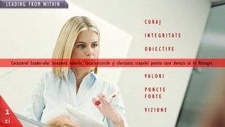 LEADING FROM WITHIN
1
zi
Caracterul Leader-ului înseamnă valorile, caracteristicile şi claritatea scopului pentru care doreşti să fii Manager.
 
