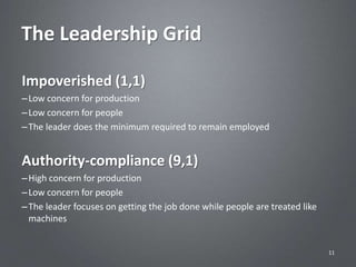 The Leadership Grid

Impoverished (1,1)
– Low concern for production
– Low concern for people
– The leader does the minimum required to remain employed


Authority-compliance (9,1)
– High concern for production
– Low concern for people
– The leader focuses on getting the job done while people are treated like
  machines


                                                                             11
 