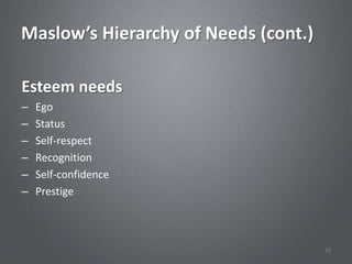 Maslow’s Hierarchy of Needs (cont.)

Esteem needs
–   Ego
–   Status
–   Self-respect
–   Recognition
–   Self-confidence
–   Prestige



                                      26
 