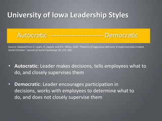 University of Iowa Leadership Styles

       Autocratic ------------------------ Democratic
Source: Adapted from K. Lewin, R. Lippett, and R.K. White, 1939. “Patterns of Aggressive Behavior in Experimentally Created
Social Climates.” Journal of Social Psychology 10: 271–301.




• Autocratic: Leader makes decisions, tells employees what to
  do, and closely supervises them

• Democratic: Leader encourages participation in
  decisions, works with employees to determine what to
  do, and does not closely supervise them
 