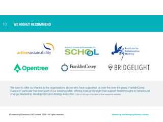 We want to offer our thanks to the organisations above who have supported us over the over the years. FranklinCovey
Europe in particular has been part of our solution pallet, offering tools and insight that support breakthroughs in behavioural
change, leadership development and strategy execution. Click on the logo to be taken to their respective websites.
WE HIGHLY RECOMMEND10
©Leadership	
  Champions	
  (UK)	
  Limited.	
  	
  2015	
  –	
  All	
  rights	
  reserved	
   Measuring	
  and	
  Managing	
  Business	
  Success	
  
 