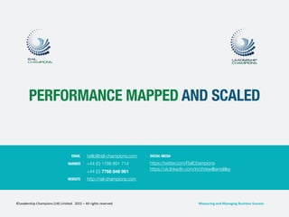 NUMBER
EMAIL hello@rail-champions.com SOCIAL MEDIA
WEBSITE
+44 (0) 1788 891 714
http://rail-champions.com
https://twitter.com/RailChampions
https://uk.linkedin.com/in/chriswilliamslilley
+44 (0) 7768 849 961
PERFORMANCE MAPPED AND SCALED
©Leadership	
  Champions	
  (UK)	
  Limited.	
  	
  2015	
  –	
  All	
  rights	
  reserved	
   Measuring	
  and	
  Managing	
  Business	
  Success	
  
 