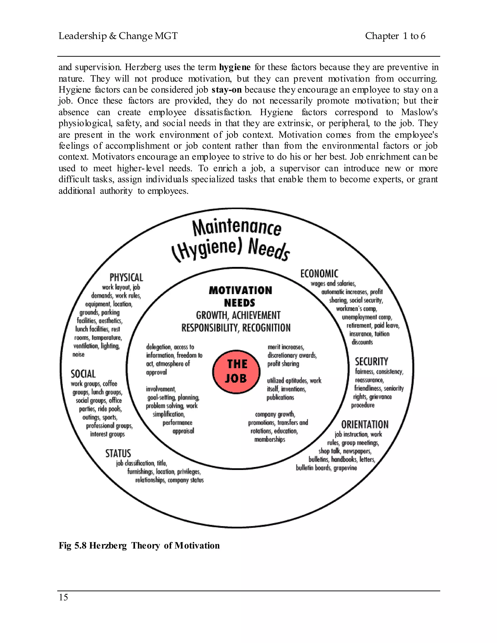 Leadership & Change MGT Chapter 1 to 6
15
and supervision. Herzberg uses the term hygiene for these factors because they are preventive in
nature. They will not produce motivation, but they can prevent motivation from occurring.
Hygiene factors can be considered job stay-on because they encourage an employee to stay on a
job. Once these factors are provided, they do not necessarily promote motivation; but their
absence can create employee dissatisfaction. Hygiene factors correspond to Maslow's
physiological, safety, and social needs in that they are extrinsic, or peripheral, to the job. They
are present in the work environment of job context. Motivation comes from the employee's
feelings of accomplishment or job content rather than from the environmental factors or job
context. Motivators encourage an employee to strive to do his or her best. Job enrichment can be
used to meet higher-level needs. To enrich a job, a supervisor can introduce new or more
difficult tasks, assign individuals specialized tasks that enable them to become experts, or grant
additional authority to employees.
Fig 5.8 Herzberg Theory of Motivation
 